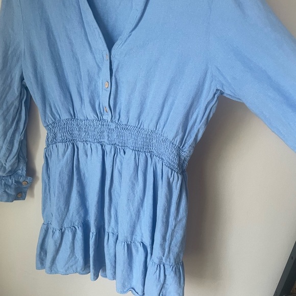 Zara Periwinkle Linen Sundress with Notched Collar and Cuffed Sleeves - Picture 2 of 6